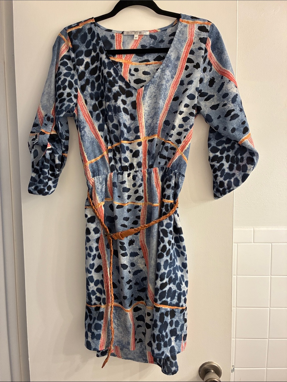 Collective Concepts Blue Animal-Print Mini Dress with Orange Trim